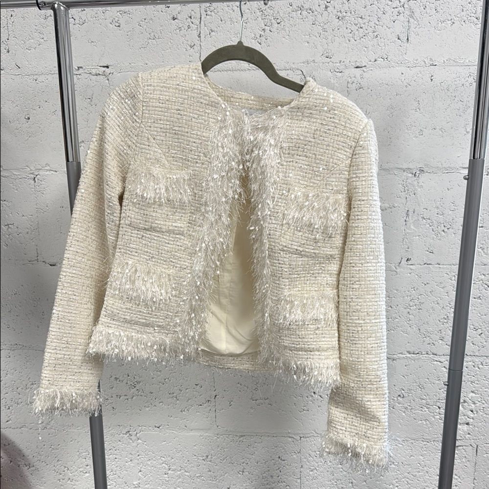 Chic Cream Tweed Jacket with Fringe - ENGLISH FACTORY - NWOT - Size Small